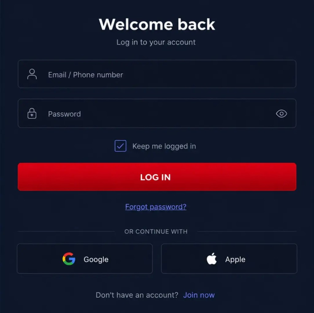 VegasHero login panel with email, password and Log in button